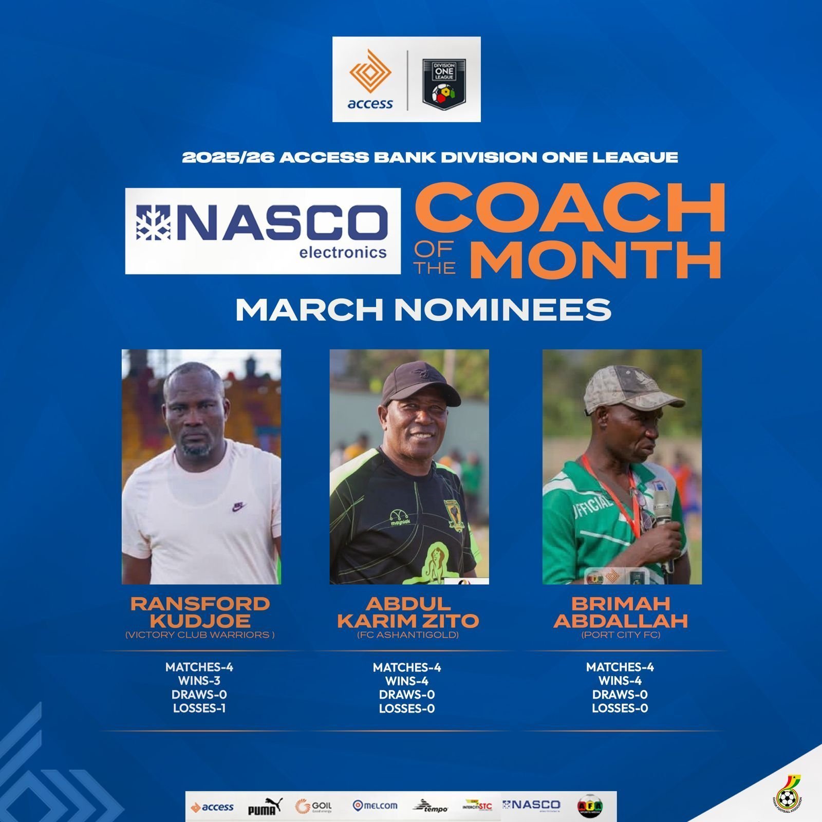 Three Exceptional Coaches Nominated for NASCO Access Bank Division One League's March Award